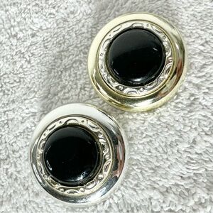 Vintage Black Silver Gold Tone Round Clip On Earrings